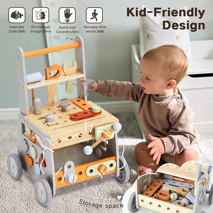 labebe Wooden Baby Walker, Baby Push Walker, Tool Toy for Toddlers, Adjustable Speed Baby Walker with Wheel, Learning Activity Walker for Girls Boys