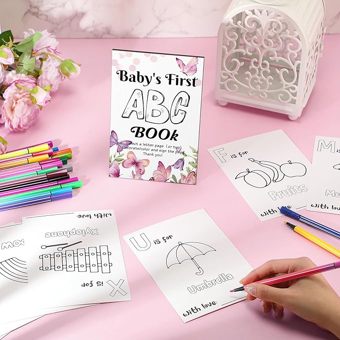 Geelin 51 Pcs Fun Baby Shower Game Activities First ABC Book Sign Coloring Game Card 26 Alphabet a to Z Coloring Card with 24 Watercolor Pen Storage Bag for Baby Shower Party(Butterfly)