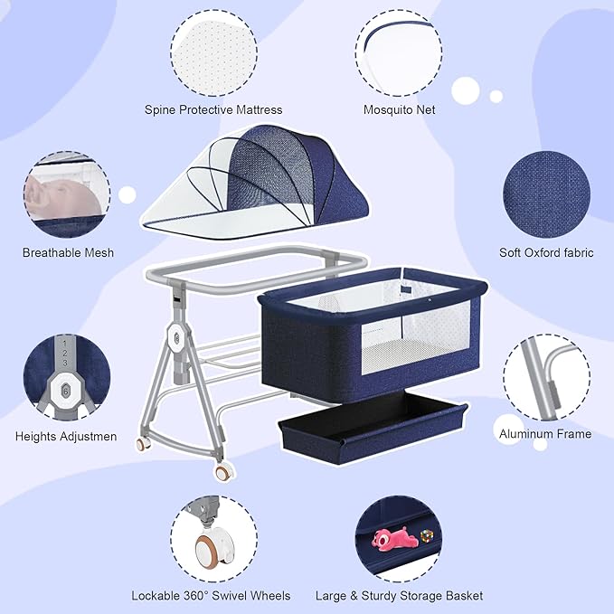 Bassinets Bedside Sleeper for Baby,YTHFGRT 3 in 1 Bedside Bassinet with 4 Auto-Lock& 6 Height Adjustable,Moises Para Nias Recien Nacidas Breastfeeding Friendly,Portable Bedside Crib for Newborn Infant