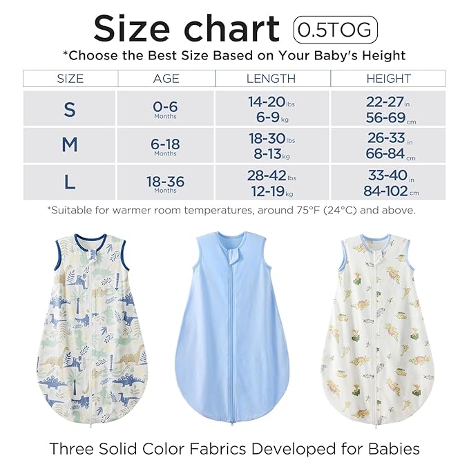 Duomiaomiao 3 Pack Baby Sleep Sack 100% Organic Cotton Lightweight Breathable Comfy Toddler Sleeping Sack (0.5tog Dinosaurs, Medium)