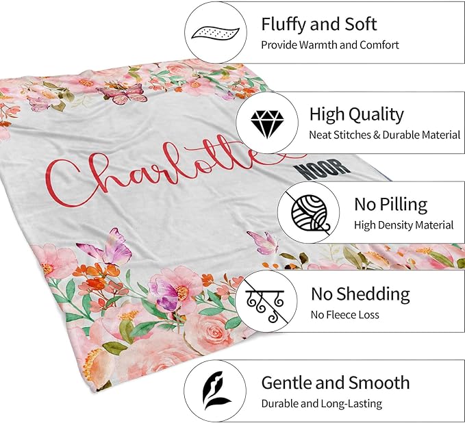 Personalized Baby Blankets for Girls, Customized Name Blanket for Kids, Custom Toddler Blanket Gifts for Birthday, Christmas, Newborn Soft Flannel Floral Blankets Boy Girl Birthday Gifts
