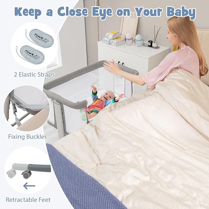 INFANS 3 in 1 Baby Bassinet, Bedside Sleeper for Newborn, Folding Crib with Mattress, Travel Bag, Wheels, 4-Sided Mesh, Easy to Assemble Cradle Co Sleeper Stationary, Rock (Light Grey)