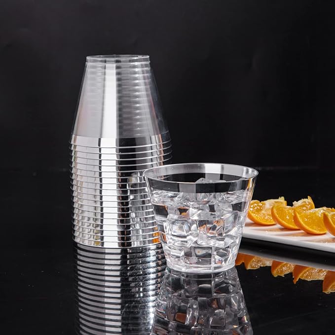 WDF 60 PACK Sliver Plastic Cups Disposable - 9 Oz Clear Plastic Cups with Silver Rim, Premium Disposable Party Cup for Christmas, Holiday Gathering, Wedding, Party