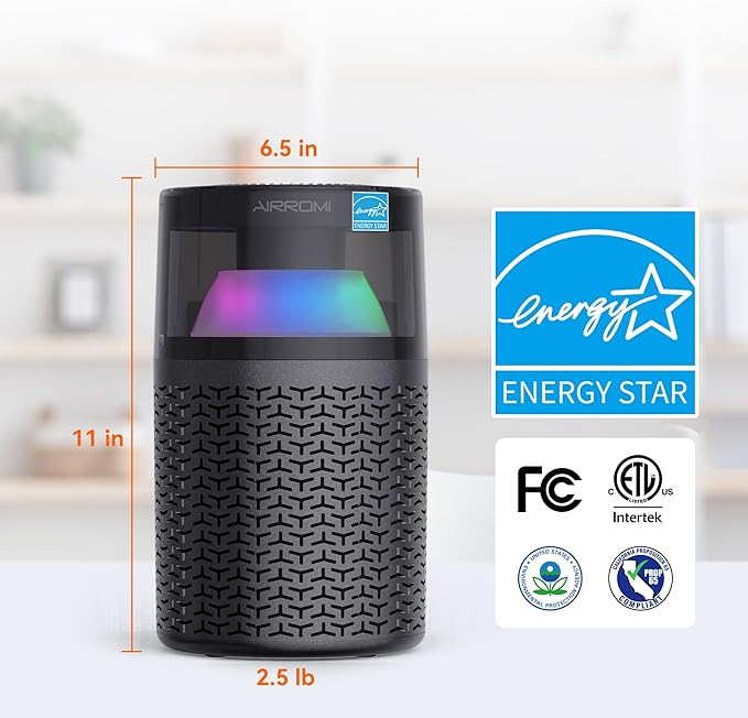 AIRROMI Air Purifiers for Bedroom Home,Up to 658 Ft²,Activated Carbon Filter Cleaner,With Fragrance Sponge for Better Sleep,Night Light,Pet Dander,Allergies,Smoke,Odor,Desktop Air Cleaner A2002 Grey