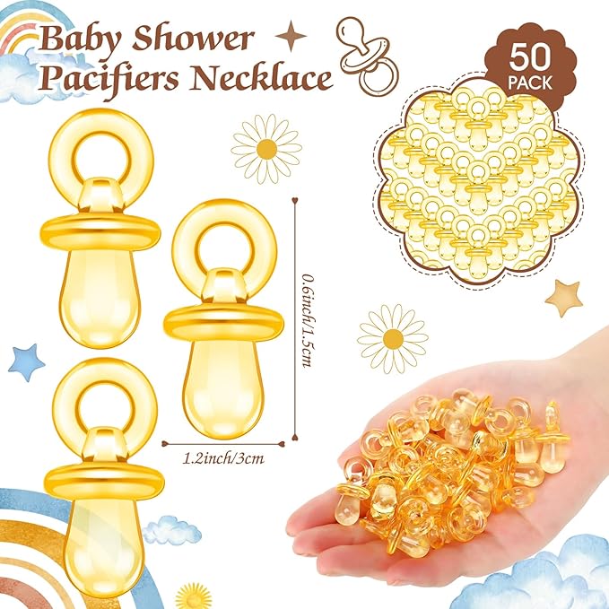Thyle 51 Pcs Pacifier Hunt Baby Shower Games Include Hunt Sign and 50 Acrylic Pacifiers for Baby Shower Game Decoration Gift Sets Gender Reveal Party Decor (Retro Sun)