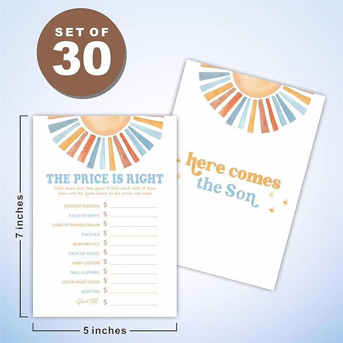 The Price Is Right Baby Shower Game Kit - Watercolor Retro Sun - 30 Double-Sided Fill In Game Cards For Baby Shower, Gender Reveal Party Favor, Activity & Supplies - B12