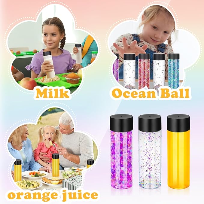 DI QIU REN 16 Pcs Clear Plastic Bottles Empty Sensory Bottles with Caps PET Plastic Juice Bottles Reusable Bulk Leakproof Drink Container Water Bottle for Juice Milk (Black Lid, 13.5 oz/ 400 ml)