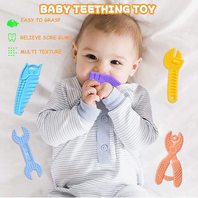 Baby Teething Toys for 0-6 / 6-12 Months - Molar Teether Chew Toys Set BPA Free Silicone, Soft Textures - Hammer Wrench Scissors Shape Gift 5-Pack