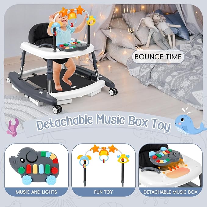 5-in-1 Music and Lights Baby Walker Foldable with 5 Adjustable Heights, Baby Walker with Wheels and Bouncer Combo Portable, Infant Toddler Walker for Baby Boy Girls 6-18 Months
