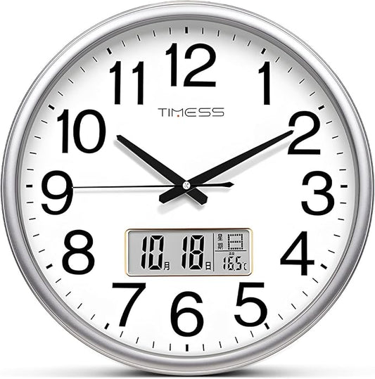 Wall Clock, 16 Inch Non-Ticking Silent Battery Operated Quartz Analog with LCD Display for Perpetual Calendar and F° Temperature, Ideal Modern Home, Bedroom, Kitchen, Office Décor (Sliver)