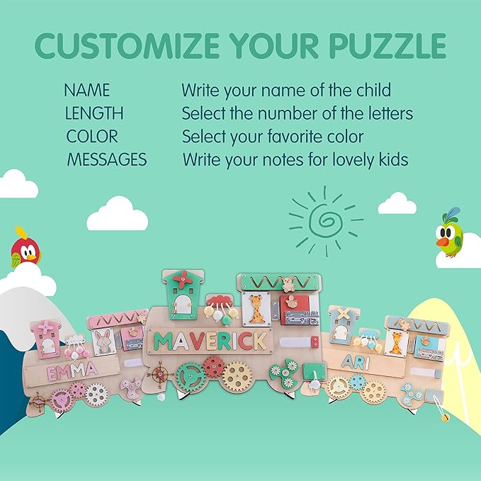 Customized Name Puzzle for Toddlers (Fixed I J Letters) Personalized Toddlers Busy Board, Baby Personalized Board for 1-5 Years Old, Birthday Gift, Montessori Toys (Khaki)
