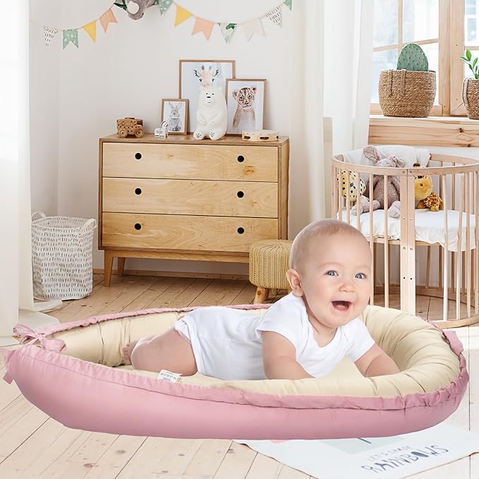 Baby Lounger, Baby Nest Cover for Baby, Reversible & Breathable Cotton, Adjustable Baby Floor Seat for Tummy Time, Portable Infant Lounger, Essentials for Newborns (Pink)