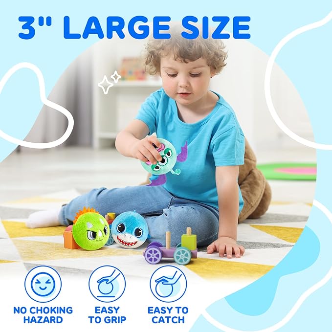 Plush Bouncy Balls for Kids & Toddlers - 3" Large Safe Size BPA Free- Toddler Toys Stuffed Animals -Indoor Outdoor Games - 3 Pack Bulk - Birthday Hallowwen Gift for Boys Girls 1-3 3-5 5-8 8-12
