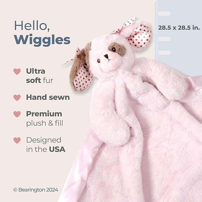 Bearington Baby Wiggles Cuddle Me Sleeper, Pink Puppy Dog Large Size Security Blanket, 28.5" x 28.5 - Baby Blanket - Lovies for Girls