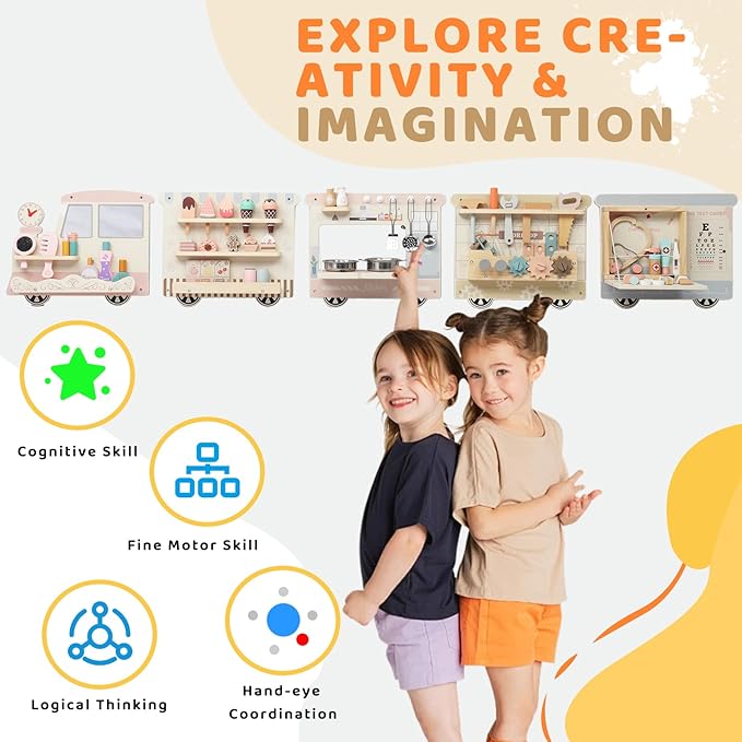 JOYMOR Wooden Train Wall Busy Board Activity, Sensory Wall Panel for Kids, Toddler Montessori Learning Activity Center for Playroom,Daycare, Ideal Educational Gift