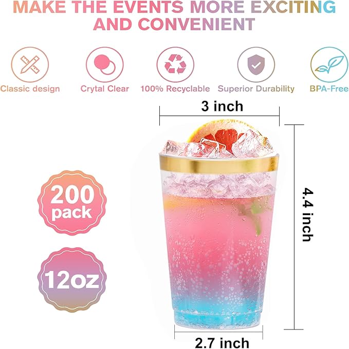 supernal 200pcs 12oz Gold Plastic Cups,Disposabe Cup For Party,Plastic Cocktail Glasses, Clear Tumblers with Gold,Wedding Cups Disposable