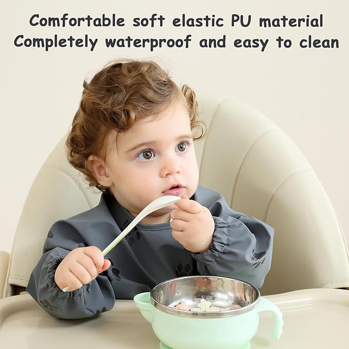 Baby Bib with Long Sleeves Bib & BLW, Machine Washable & Soft and Skin-Friendly Material, Coverall Bibs for Baby Feeding, Waterproof and Easy to Clean, for Baby Infant Toddlers (Dark Grey)