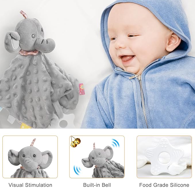 Baby Shower Gifts, Baby Boy Gifts, Christmas Baby Gift Set for Newborn Essentials Baby Blanket Elephant Lovey Wooden Rattle, Infant Bibs Socks & Greeting Card, Gender Reveal Gift Basket