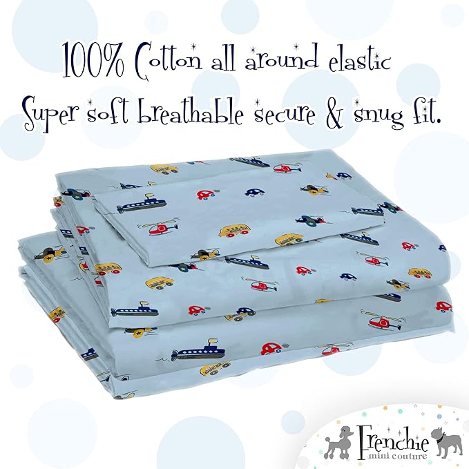 2-Piece Kids Twin Sheets Set, 100% Woven Cotton, Deep Pocket Bed Sheet 39 x 75 x 15in + Pillowcase 20 x 30, Cars, Boats, & Planes