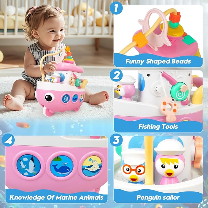 Toys for 1+ Year Old Girls - Baby Toys Crawling Boat with Music and Sound, 9-in-1 Baby Musical Toys 18+ Months Age, First Christmas 1st Birthday Gifts for 1+ Year Old