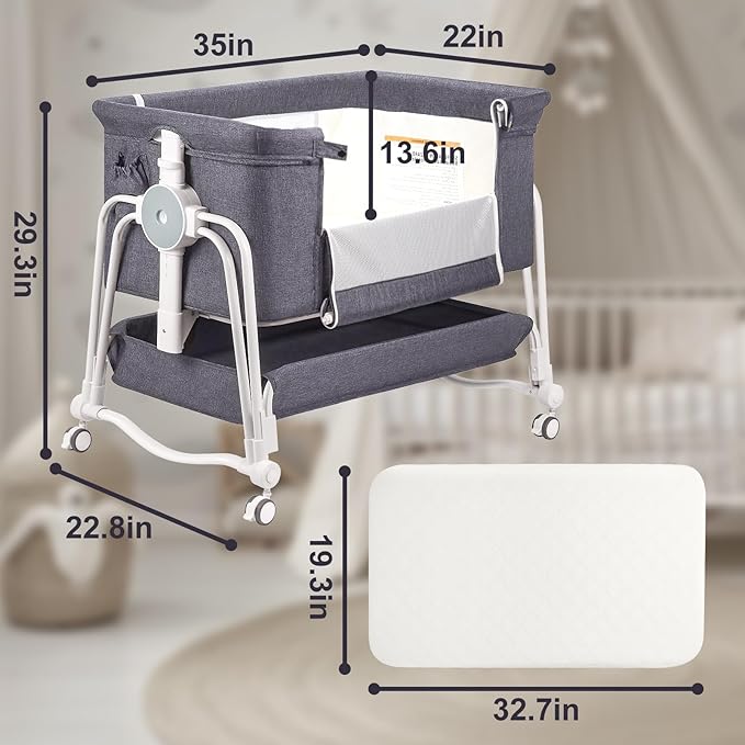 4 in 1 Baby Bassinet Bedside Sleeper, Rocking Baby Crib with Lockable Wheels, Storage, Mosquito Net and Matress Included, 7 Level Adjustable Bedside Bassinet for Baby Newborn(Gray)
