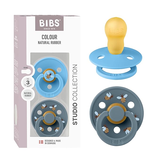 BIBS Colour Studio Soother 2-Pack, BPA Free Dummy Pacifier, Round Nipple. Natural Rubber Latex, Made in Denmark, Size 3 (18+ Months), Breeze/Petrol