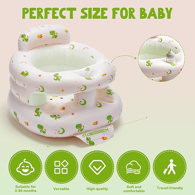 Inflatable Baby Seat for Babies 3-36 Months,Baby Floor Chair with Built in Air Pump,Infant Back Support Seat for Sitting & Learning to Sit (Green Dinosaur)