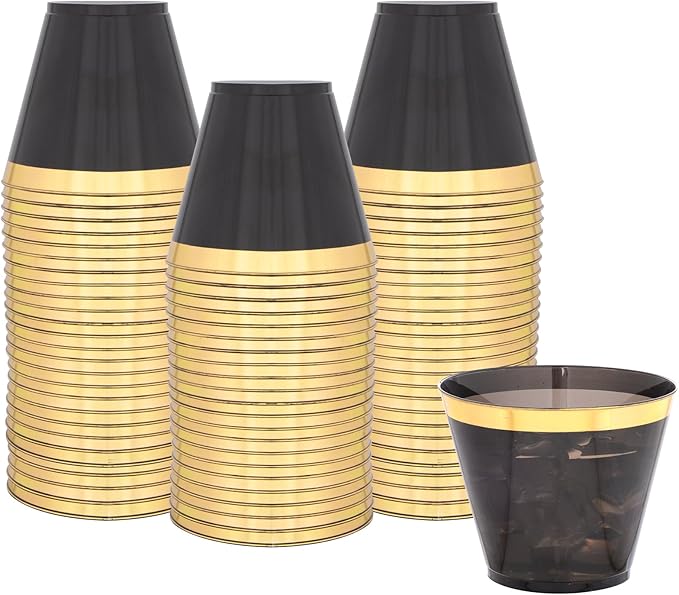 supernal 100 Pcs 9 oz Gold and Black Plastic Cups,Gold Rimmed Disposable Cups,Disposable Party Cup party,Plastic Cocktail Cups for Weddings, Birthdays & Festive Celebrations