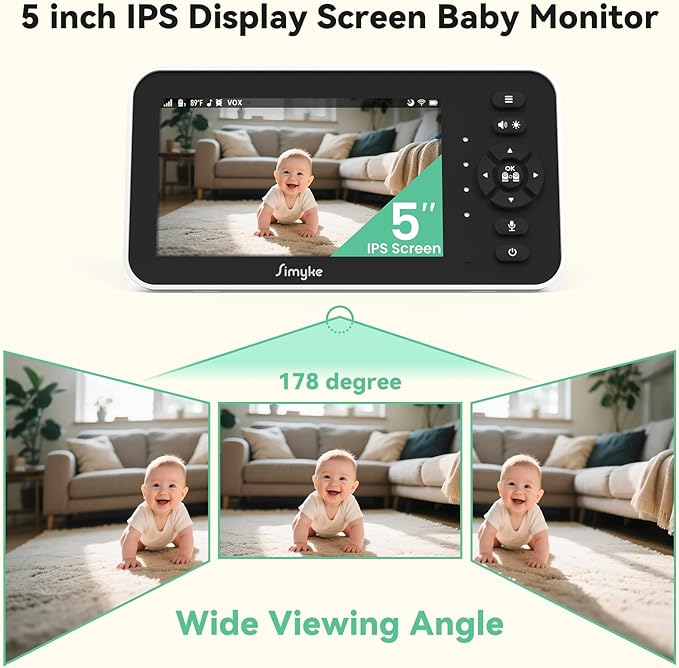 Video Baby Monitor with Camera and Audio,5'' IPS Screen,720P HD,App,Remote Pan/Tilt/Zoom Camera,Lullabies,Feeding Remind,HD Night Vision, VOX,2-Way Talk,Triple Security,1500ft Long Range