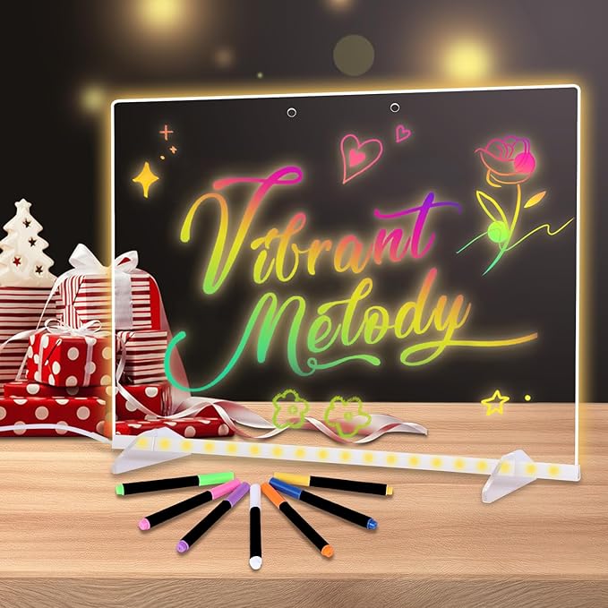 LED Note Board with Colors, 13.7"X10" 4 Modes & 7 Colors Acrylic Dry Erase Board with Light, Include Adapter, Hanging Chain, Led Drawing Board for Kids with Stand, 7 Markers, Spray Bottle 