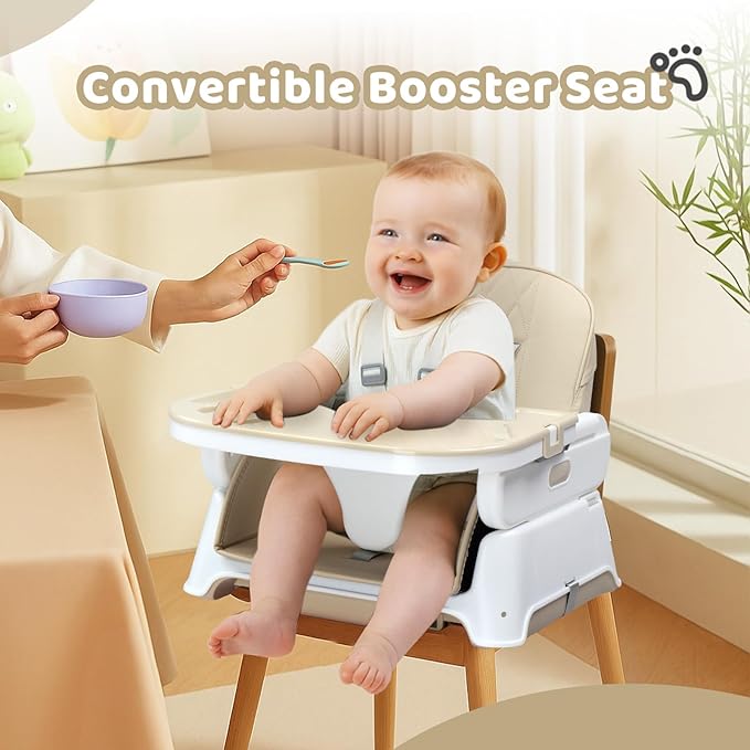 JOYMOR 5 in 1 Baby High Chair for Babies and Toddlers, Portable Highchair Fold Compact, ConvertibleBaby Feeding Chair Booster for Eating with Detachable Double Tray, 5 Point Harness (Beige)