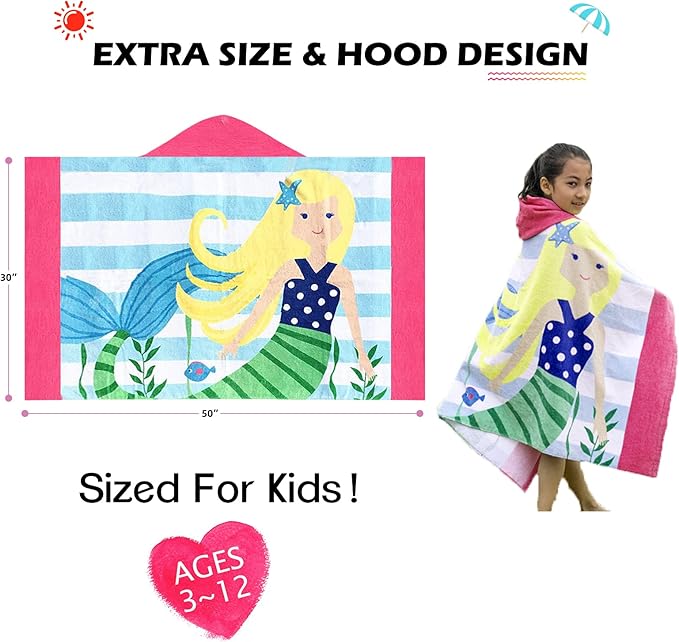 Hooded Towel for Kids, 100% Cotton Soft and Absorbent, Pool Bath Beach Swim Towel Wrap, Bathrobe Coverups for Girls and Boys, Extra Large:30"×50"(Yellow Hair Mermaid)