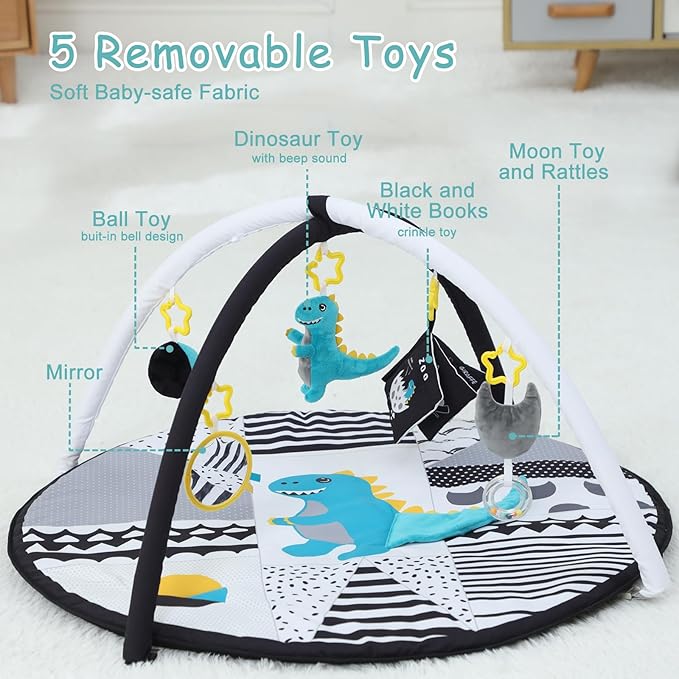 Lovvie & Joy Baby Play Activity Gym Tummy Time Mat for Infant,Baby Gyms & Playmats for Babies 0 to 3 6 9 12 36 Months with 5 Toys for Early Sensory Exploration and Motor Skill Development Dinosaur