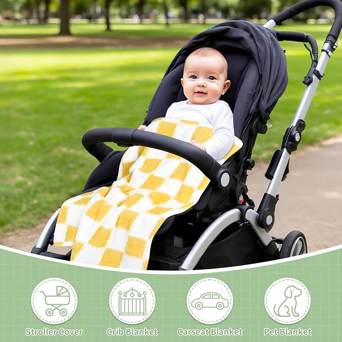 Checkered Baby Blanket for Boys Girls, 2 Pack Soft Baby Boy Girl Blankets, Small 28 x 40 inches Toddler Fleece Blanket, Essentials Crib Stroller Items, Newborn Gift (Yellow)