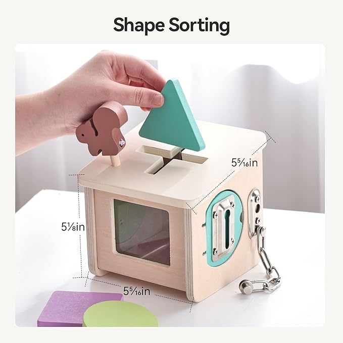 IEATFO Wooden Lock Box STEM Learning Toys for Kids - Montessori Puzzle Cube with 3 Types of Locks (Hook/Chain/Sliding Bolt), Shape Sorting - Early Educational Fine Motor Skills for Boys & Girls