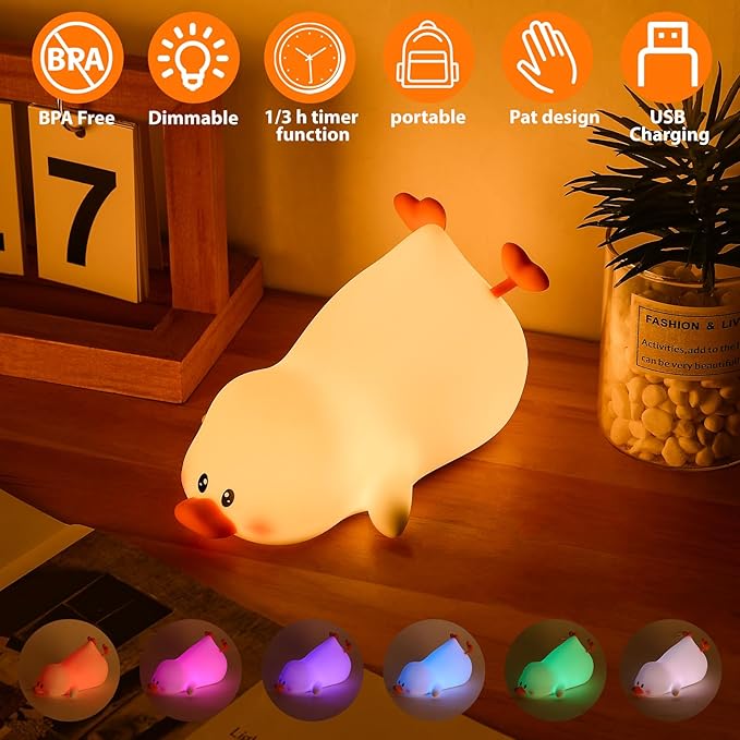 ZKLiLi Night Light for Kids Lamp, 16 Colors Duck Lamp Cute, Dimmable Baby Night Lights for Nursery,Silicone Rechargeable Nightlight for Kids Room, Kawaii Duck Room Decor,Cute Gifts for Girls (Duck)