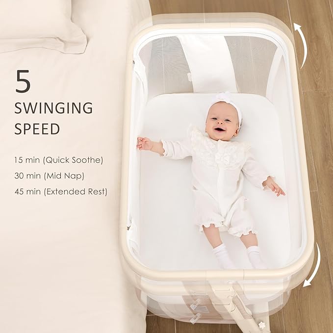 Electric Baby Bassinet Bedside Sleeper with Auto Rocking, Remote/Touch Control, 3 Timer Modes, 12 Sounds, 6 Heights, Storage & Wheels (Beige)