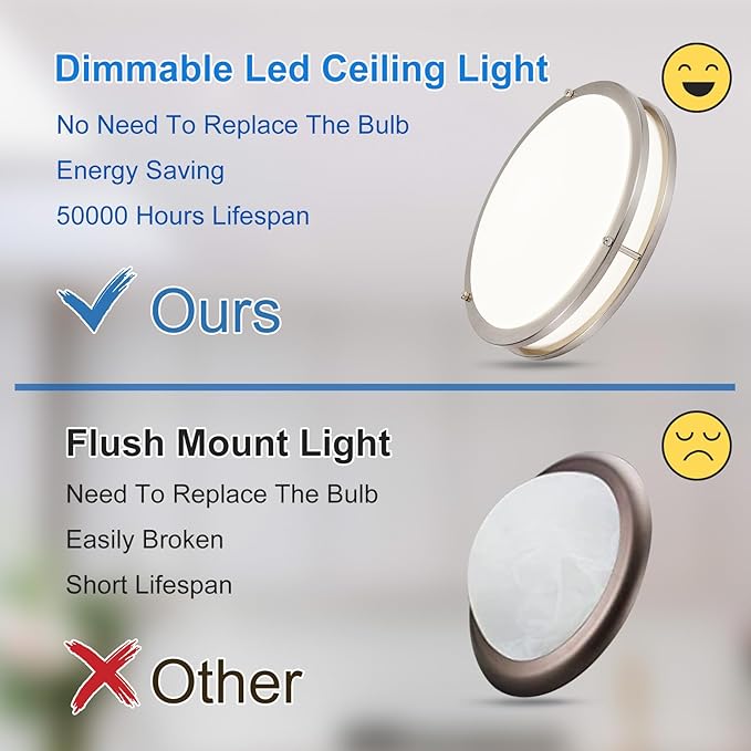 DLLT 2Pack Flush Mount LED Ceiling Light: 13 Inch 5CCT (3000K-6000K) & Dimmable Ceiling Light Fixtures for Bedroom Hallway - 24W Modern Brushed Nickel Super Bright Kitchen Lighting Fixtures Ceiling