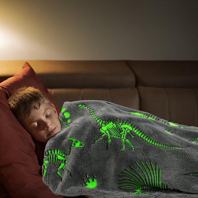 Glow in The Dark Blanket Dinosaur Blanket for Boys Kids Soft Cute Dino Throw Blanket Christmas Toys Gifts Gray Glowing Dinosaur Blankets for Bed 90x90 inch