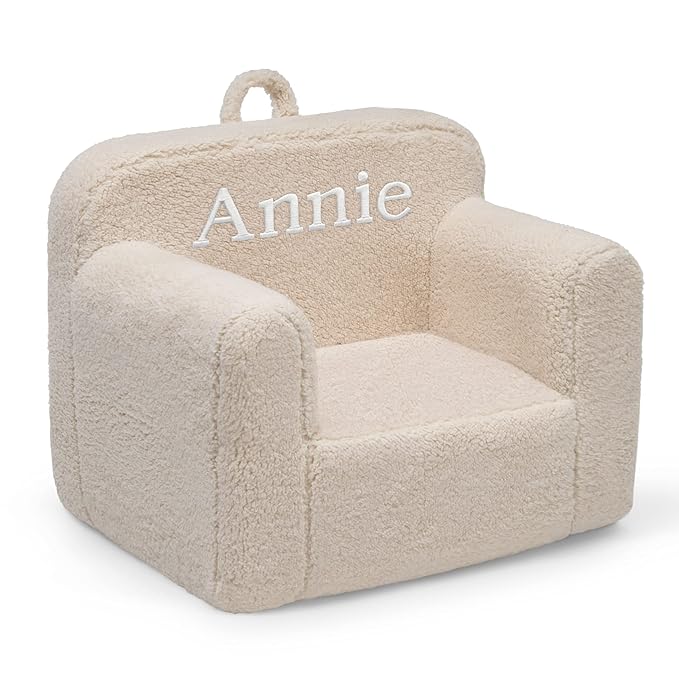 Delta Children Cozee Sherpa Chair – Customize with Name – Foam Kids Chair for Ages 18 Months and Up, Cream