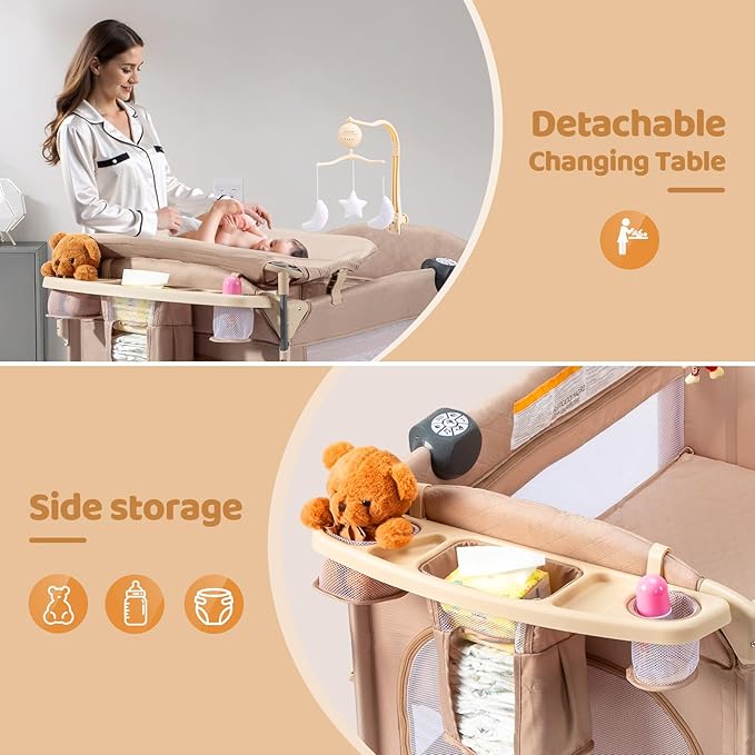 JOYMOR 9 in 1 Bedside Bassinet with Changing Table, Pack and Play with Bassinet, Convert to Rocking Baby Bed with Electric Music Center, Mosquito Net, Toy, Storage, Beige