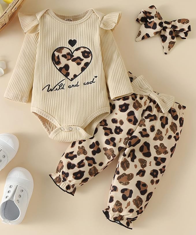 Fullfamous Baby Girl's 3pc Rib Frill Long Sleeve Romper and Pant Set