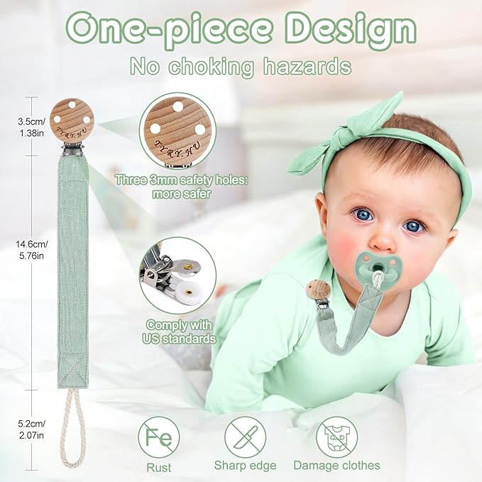 TYRY.HU Ribbon Pacifier Clip Holder,2 Pack Binky Paci Holder Clips, Pacifier Leash for Baby Boys and Girls, Soft Webbing Strap Universal Fits for Most Pacifier, Styles & Teethers Toys(Grey, Green)