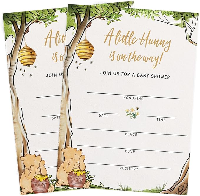 Printed Party Winnie Baby Shower Invitations with Envelopes – Classic Pooh Theme, Gender Neutral Storybook Design for Baby Boy or Girl, Set of 30