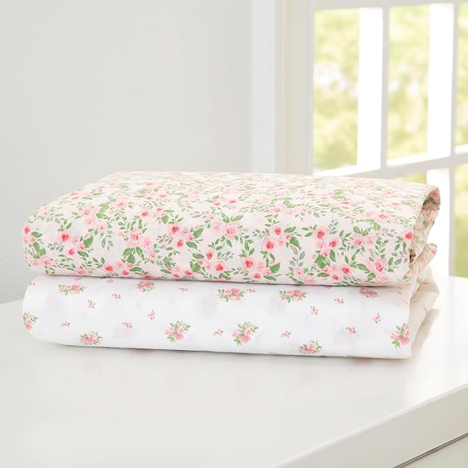Delta Children Fitted Crib Sheets for Girls and Boys - Crib Sheet for Standard Crib and Toddler Mattresses - 28x52 Inch (Pack of 2), Pink Floral