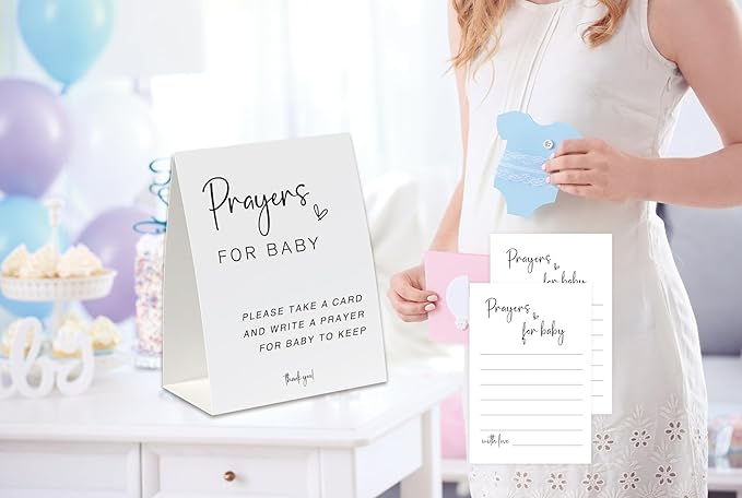 UHADRE Prayers For Baby Card(One Sign and 30 Cards), Minimalist Baby Shower Cards, Gender Reveal Game, Baby Shower Decorations-BBYX09