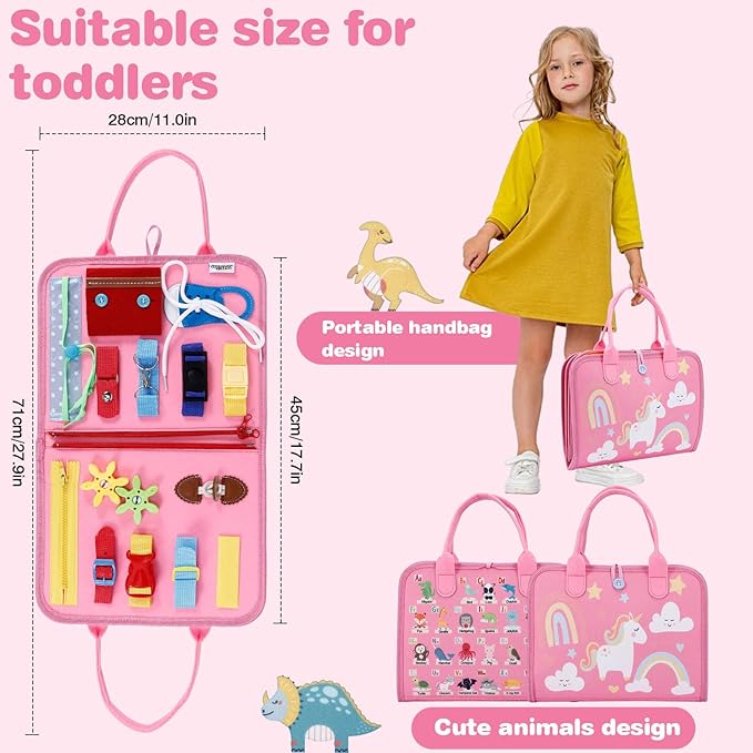 Busy Board for Toddlers, Sensory Board Travel Toys Gifts for 1 2 3 4 Year Old Girls Boys, Montessori Toys to Learn Fine Motor Skills, Educational Activities Busy Book for Airplane Car (Pink)
