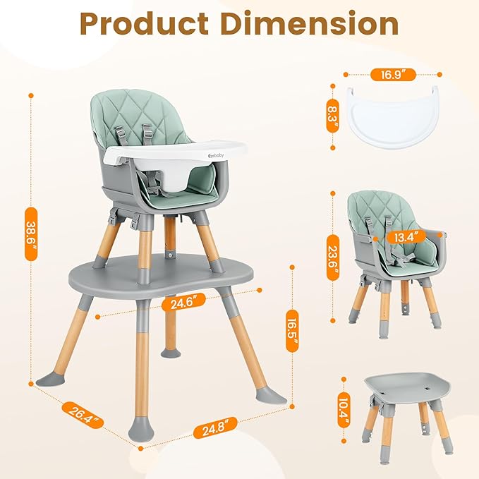 Ezebaby High Chairs for Babies and Toddlers, 8 in 1 Convertible High Chairs to Booster Seat/Toddler Chair/Table and Chair Set, Baby Feeding Chair with Adjustable Tray & PU Cushion (Green)