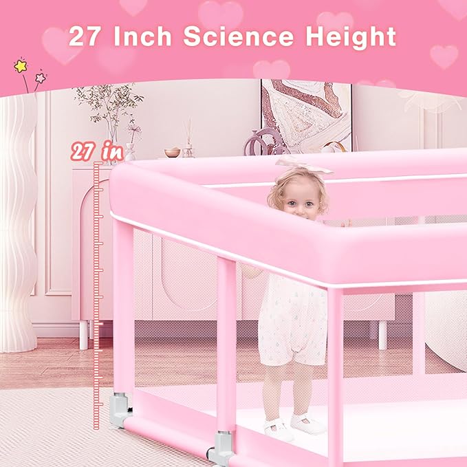 Pink Baby Playpen 74x50 Inches Playpen for Little Princess Play Yards Indoor & Outdoor Sturdy Safety Baby Girls Play Pen with Soft Breathable Mesh Toddlers Activity Center with Anti-Slip Base