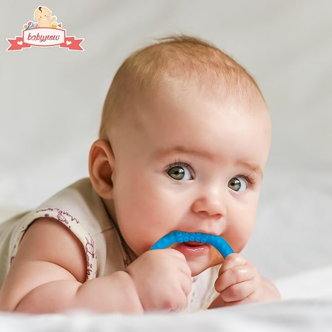 Baby Teething Ring Sensory Teether Silicone Pacifier - Soothe Gum Pain - Sensory Chew Toy 100% BPA Free - Toddler Comforter Infant Dummie - Safe Bite Teeth - Blue Ring 3.5"